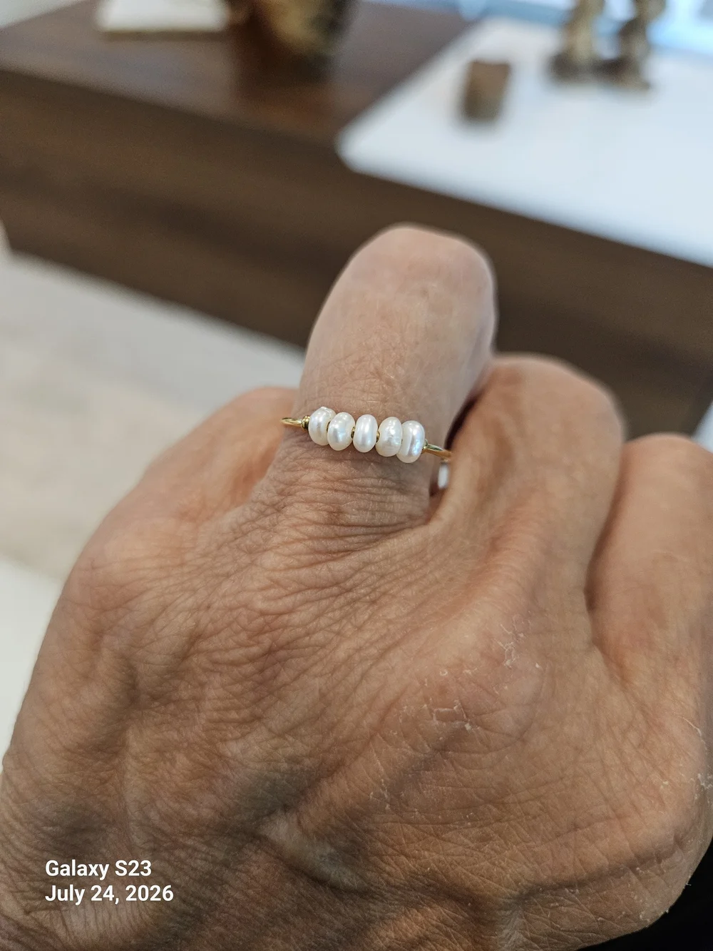 Delicate Gold Freshwater Pearl Stackable Ring - White Pearls
